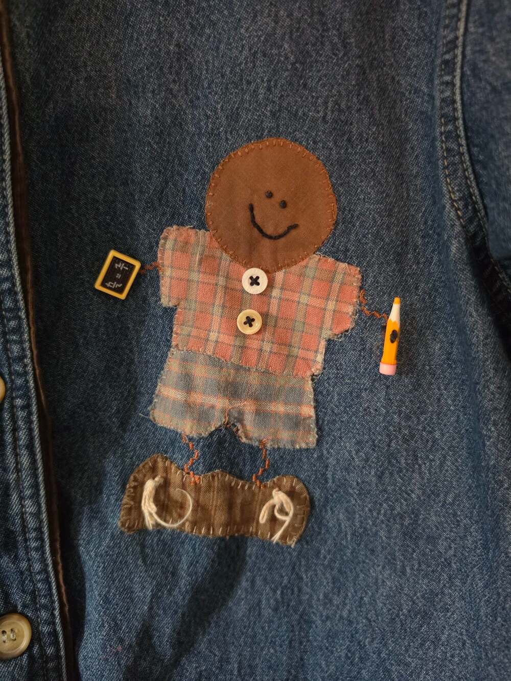 Cabin Creek Denim Jacket Medium Teacher School Applique Scarecrow Fall Patchwork - Picture 8 of 10